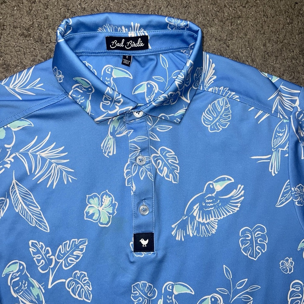 Bad Birdie Polo Shirt Mens S No Fly Zone Toucan Parrot  Blue Performance Golf